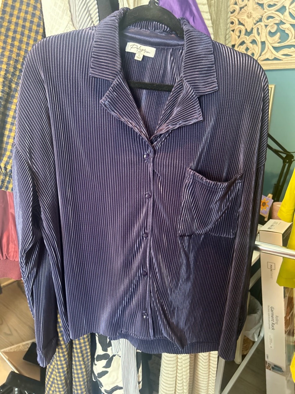 Polagram Navy Blue Pleated Button Down Blouse